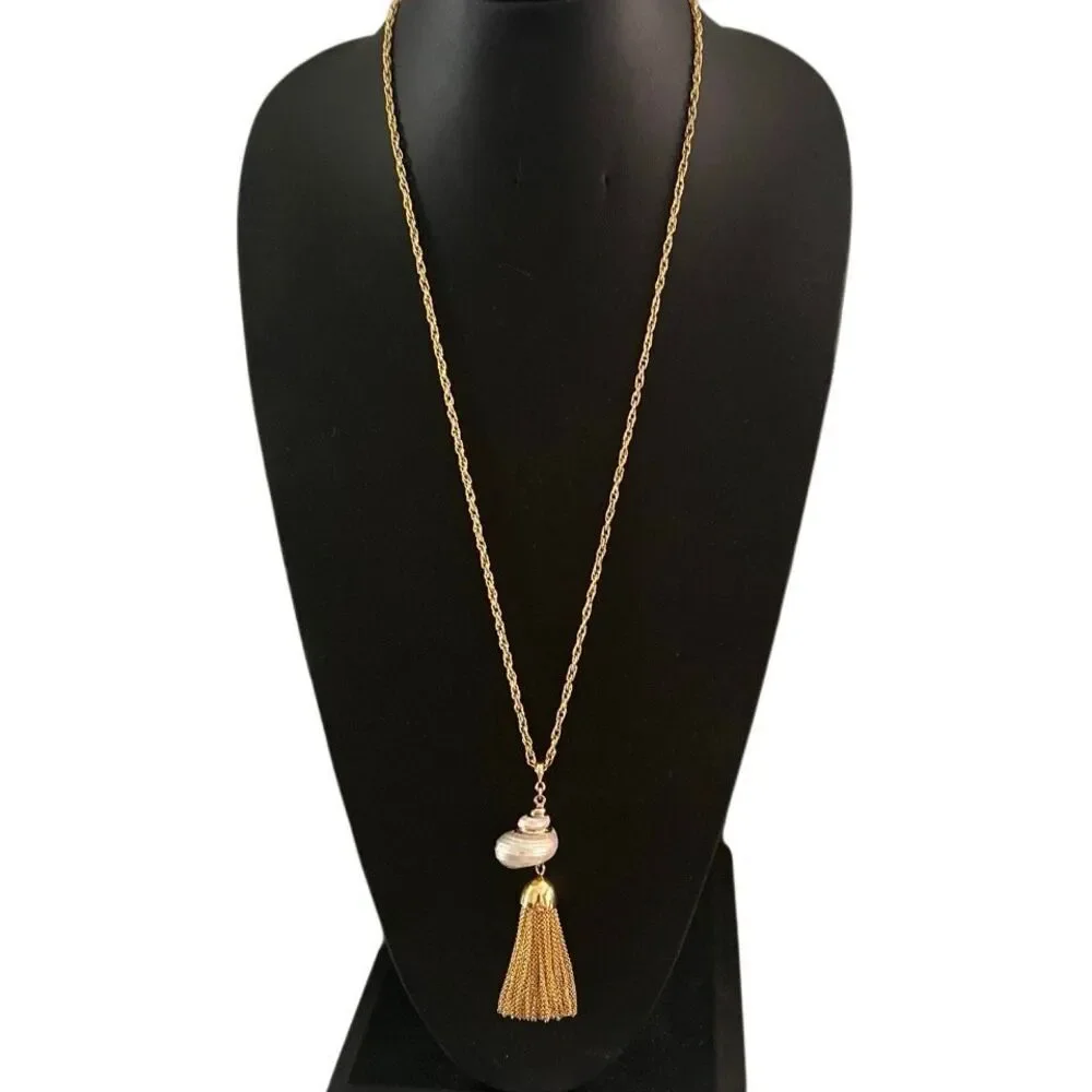 Vintage Seashell Tassel Long Necklace Women's 30